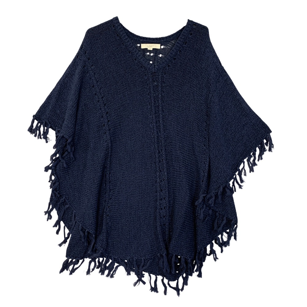 LOFT Women's M/L Blue Fringe Knit Poncho Sweater Cotton Blend V-Neck